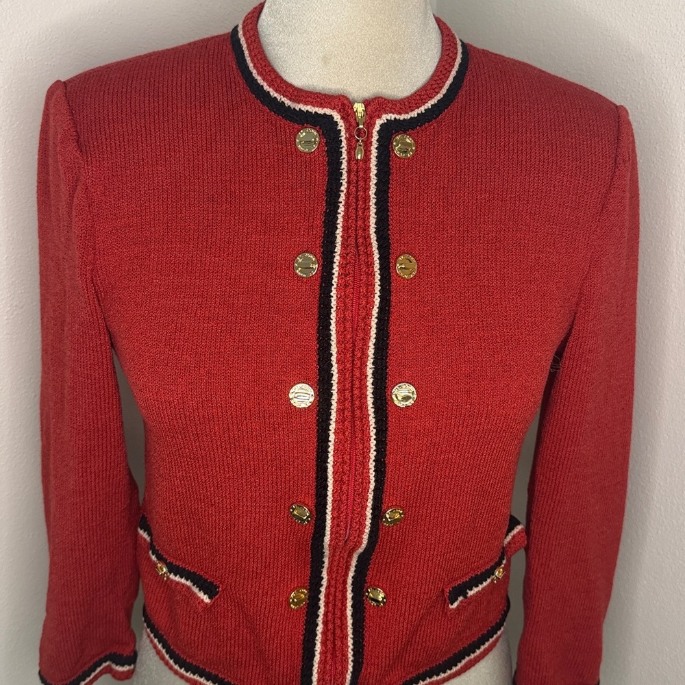 St John Collection red navy gold button hardware zip front knit sweater 2 - Picture 3 of 10